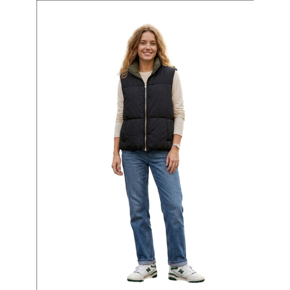 Women's Black & Olive Green Reversible Puffer Vest M